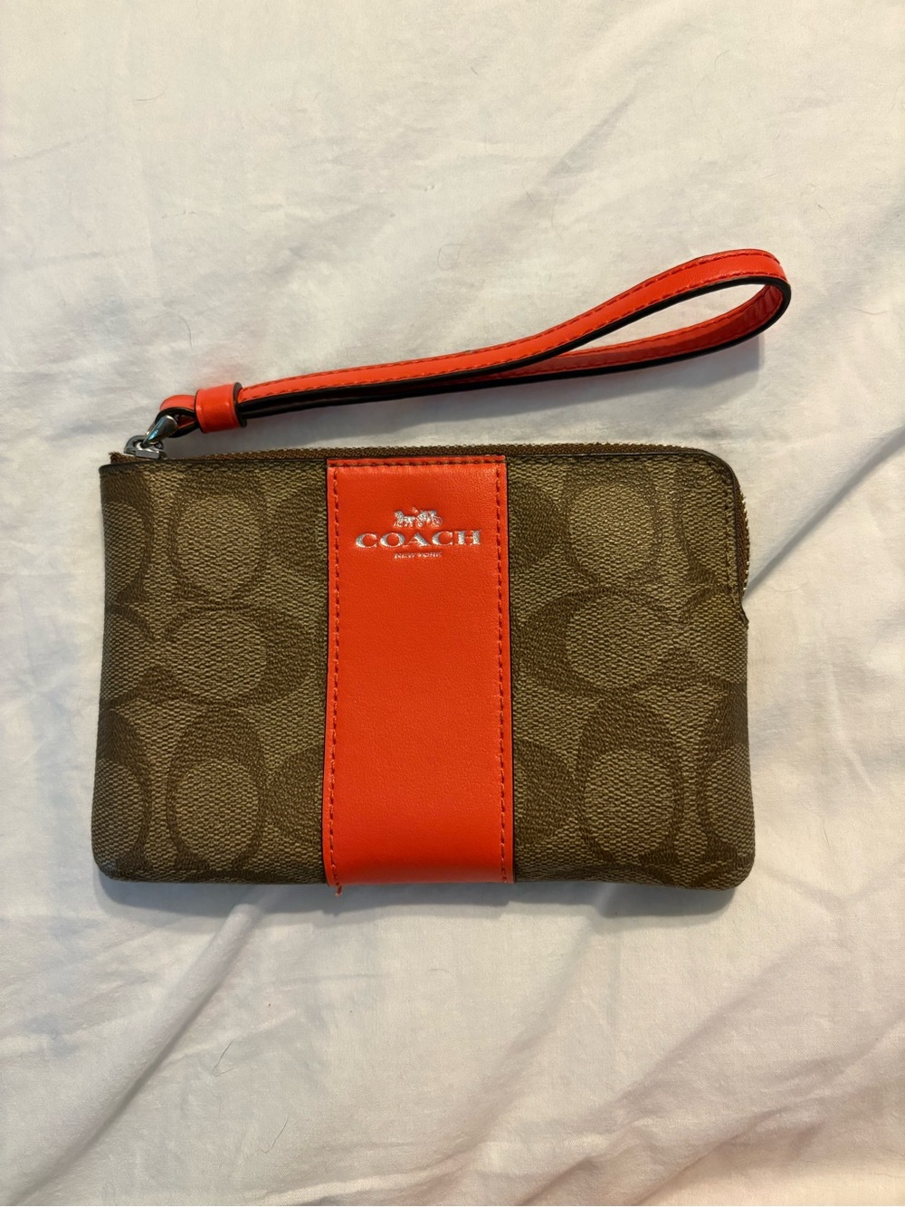 Coach Brown Signature Canvas Wristlet with Orange Stripe
